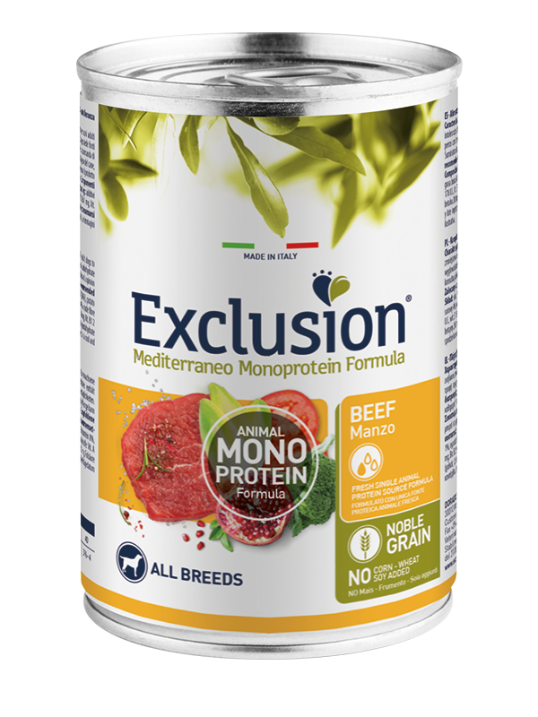 Exclusion Mediterraneo Monoprotein Noble Grain Umido Al Manzo Per Cani Lattina 400gr-1