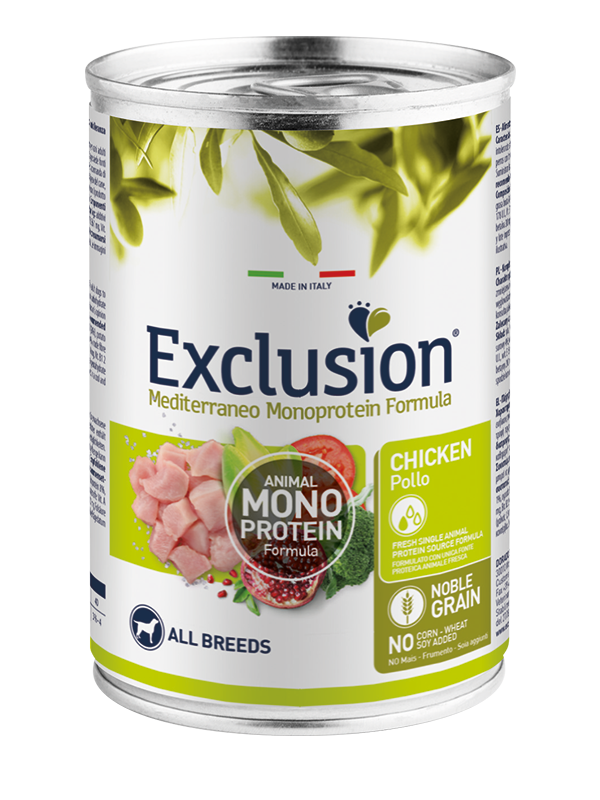 Exclusion Mediterraneo Monoprotein Noble Grain Umido Al Pollo Per Cani Lattina 400gr-1
