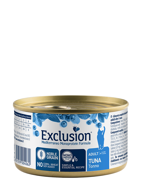 Exclusion Mediterraneo Monoprotein Noble Grain Umido Per Gatti Adulti Al Tonno Lattina 85gr-1