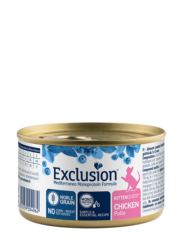 Exclusion Mediterraneo Noble Grain Cibo Umido Per Gattini Al Pollo Lattina 85gr-1